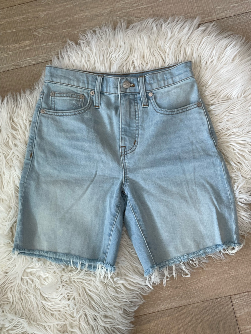 Madewell Light Wash Frayed Hem High Rise Denim Shorts